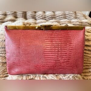 Vintage 60s ETRA Snake Embossed Mauve Leather Gold Accents Evening Bag Clutch